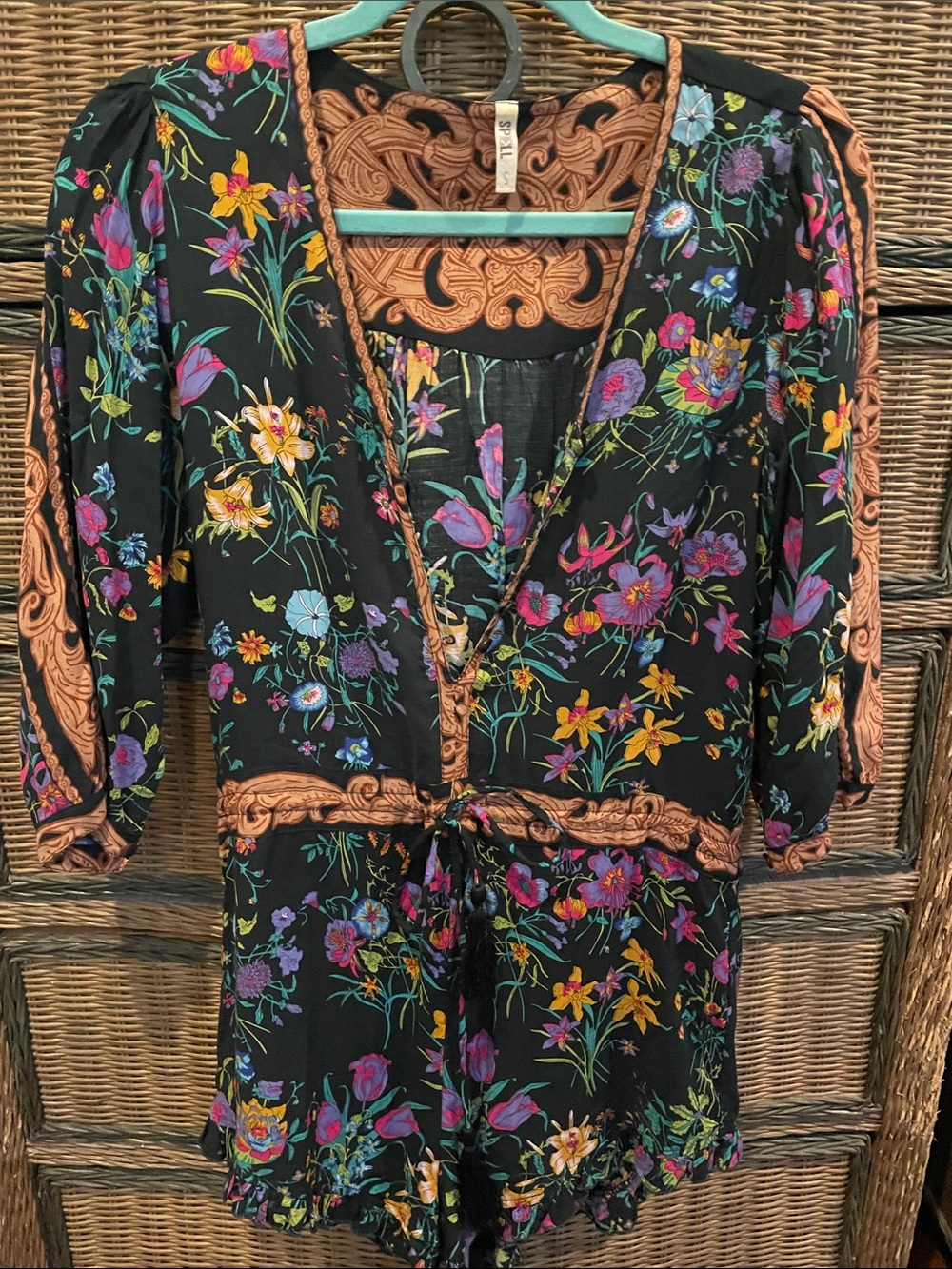 Spell Black Floral Queen Romper with Tan Trim